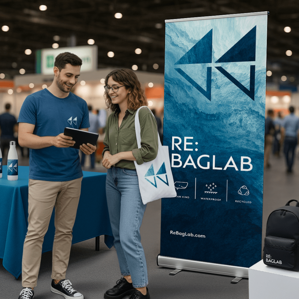 Man and a Woman stood in front of a Roller Banner at a Exhibition.