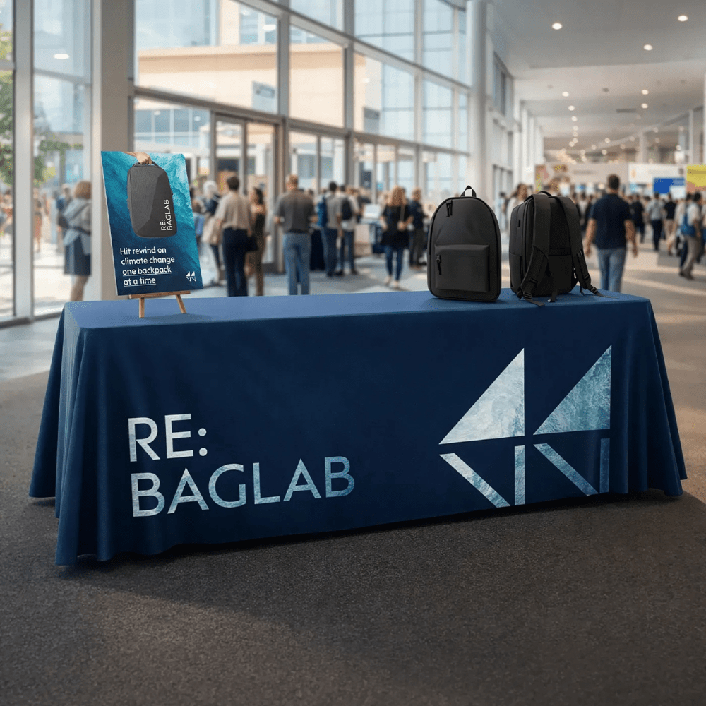 A branded Tablecloth being used on a display at an Exhibition.