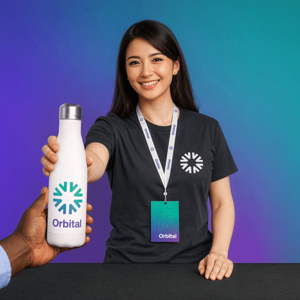 A woman wearing a branded t-shirt and lanyard, handing out a branded water bottle at an exhibition.