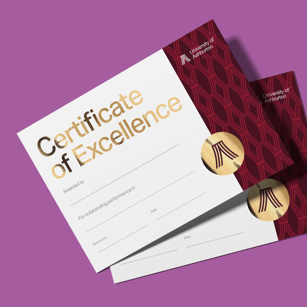 Foiled Certificates designed with a University's branding.