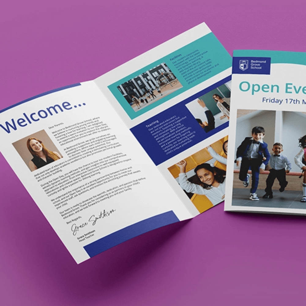 A folded Leaflet being used to Welcome students and parents to a school open evening.