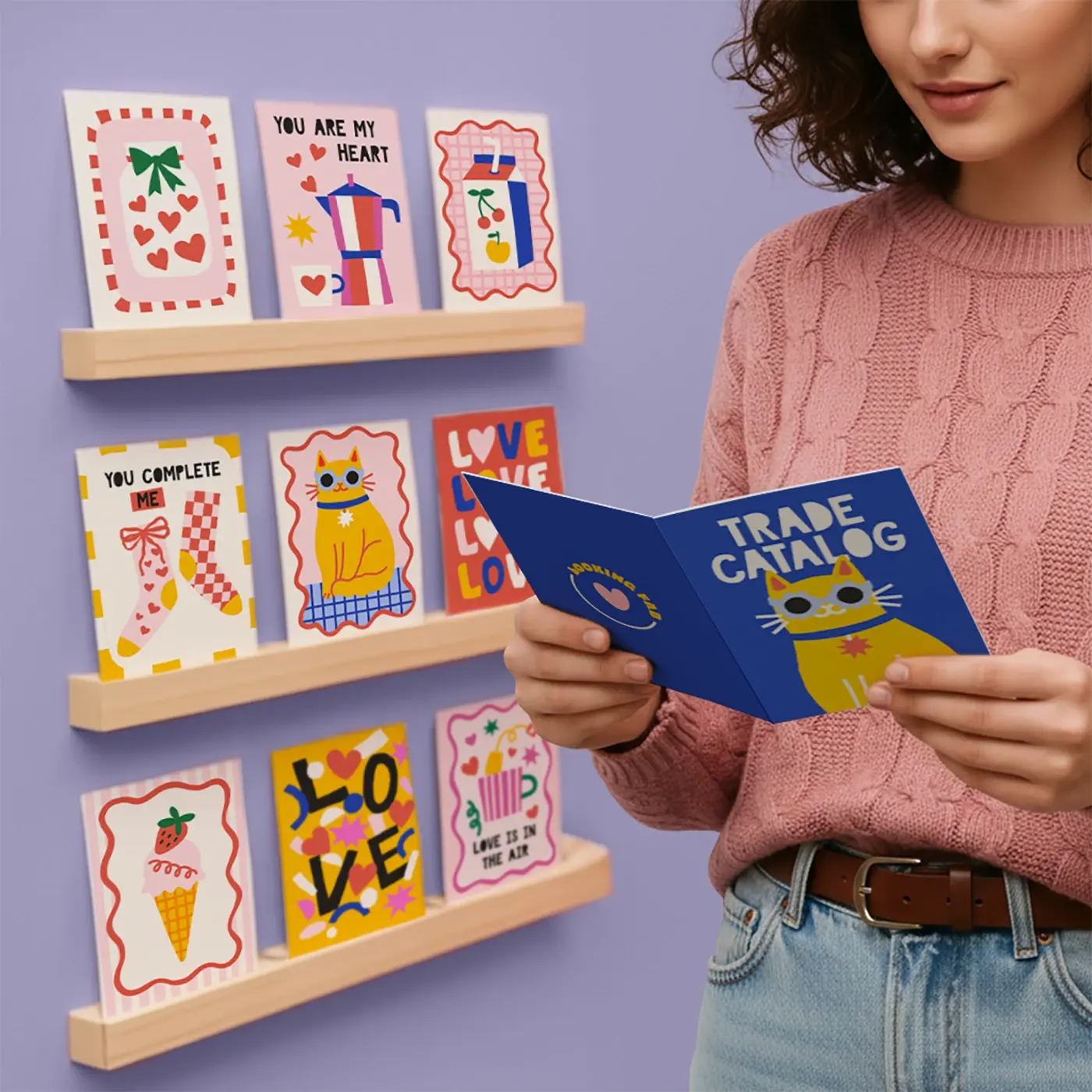 A woman looking at a tradeshow catalogue with Art Prints displayed on a stand behind her.