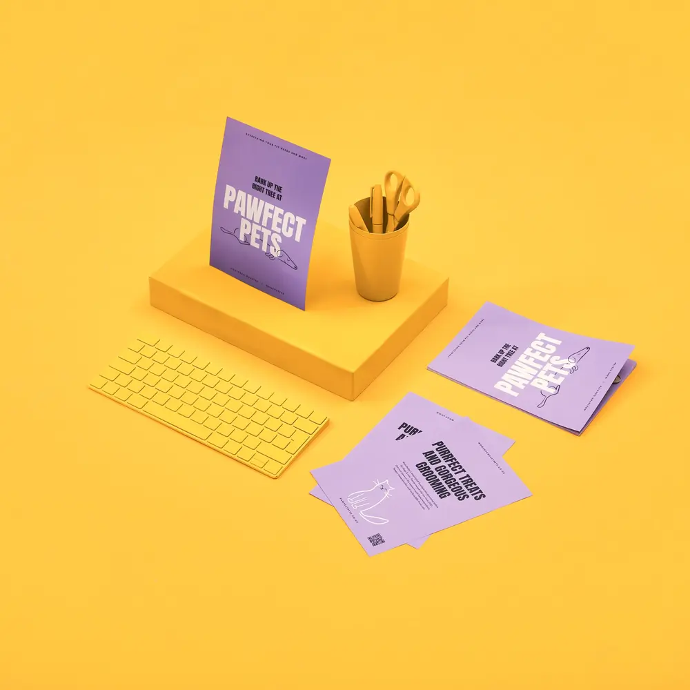 Purple Leaflets for "Pawfect Pets" on a yellow background.