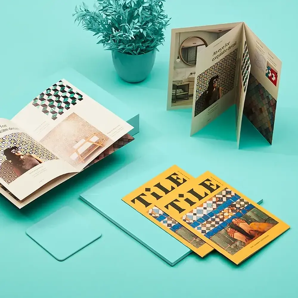 A selection of Brochures photographed on a turquoise background.