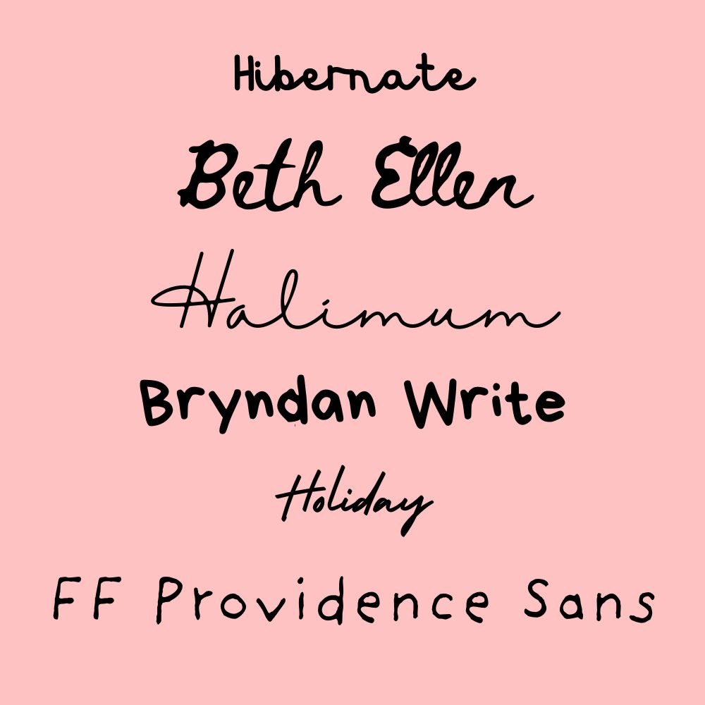 Canva handwritten fonts on a pink background.