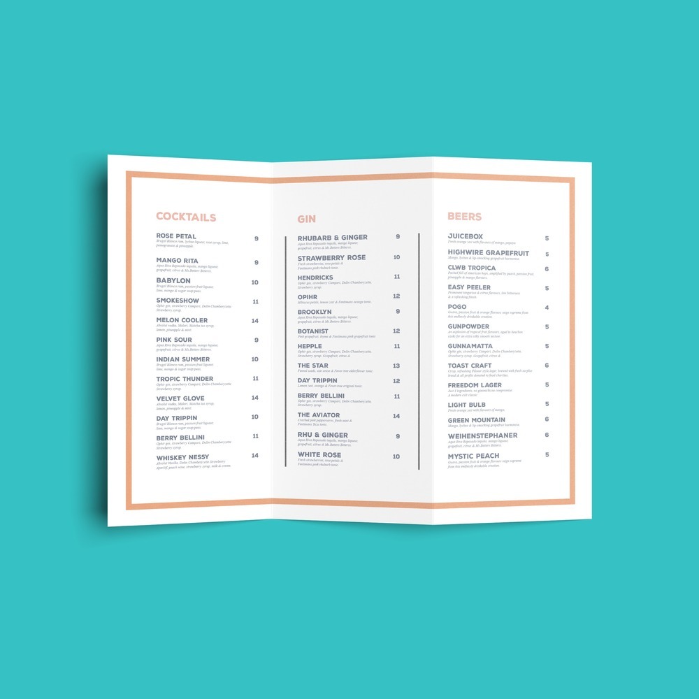 A Z Fold printed drinks menu on. blue background.