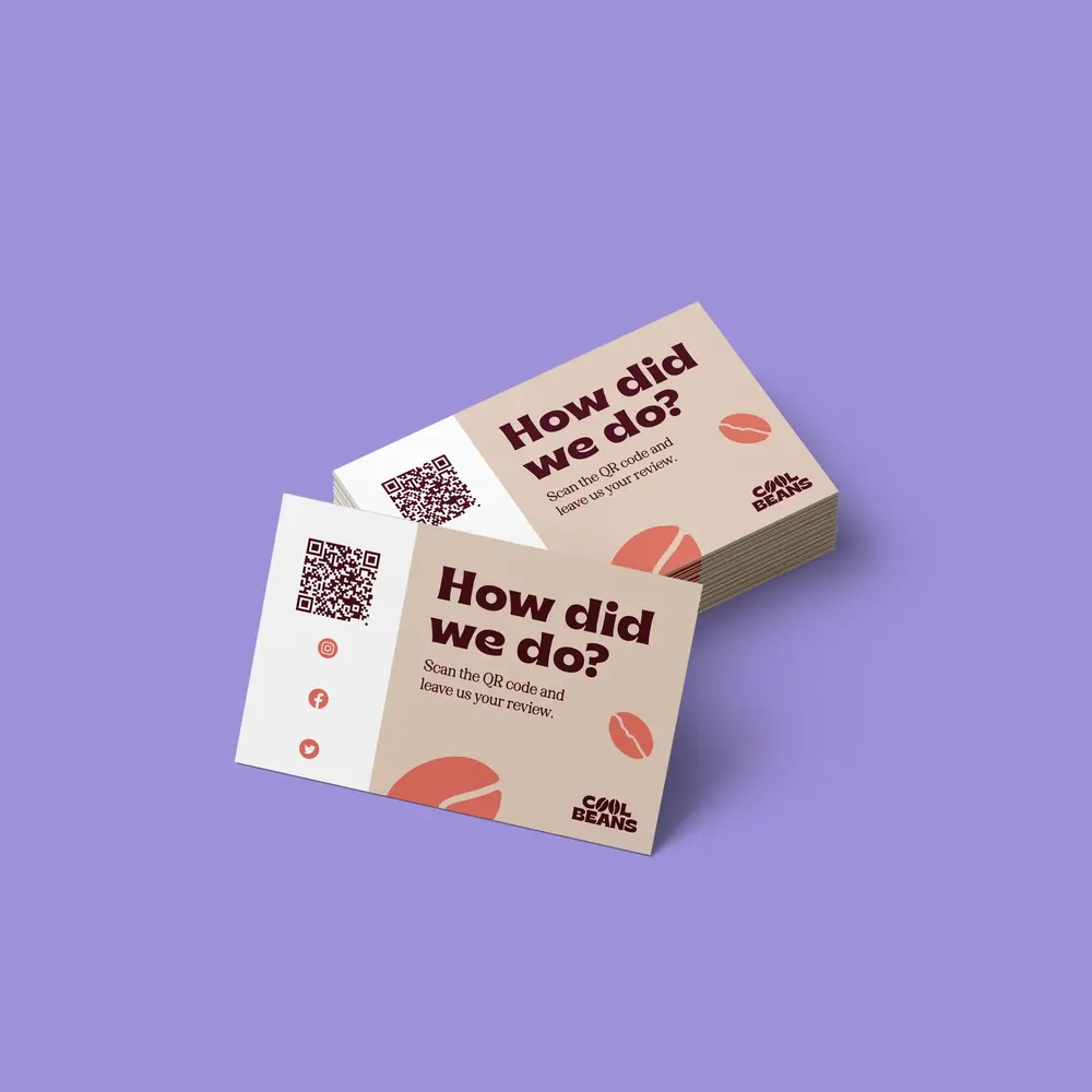 A Business Card with a QR code, with the question "how did we do?"