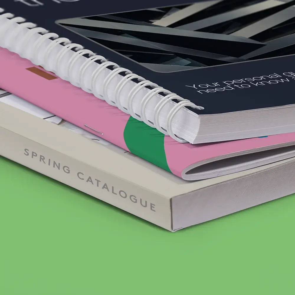 Three types of Catalogue - Spiral Bound, Saddle Stitch and Perfect Bound. 