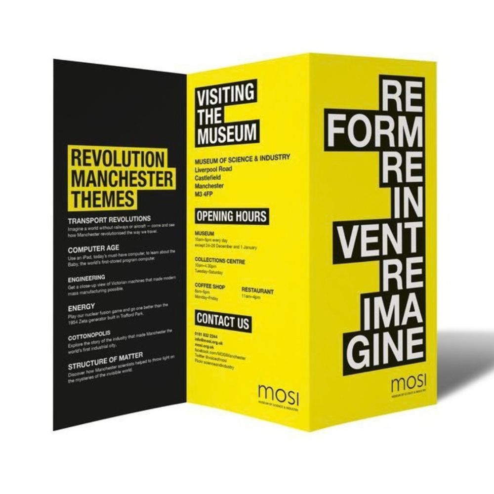 A yellow, black and white themed Z Fold Leaflet advertising the Museum of Science & Industry.