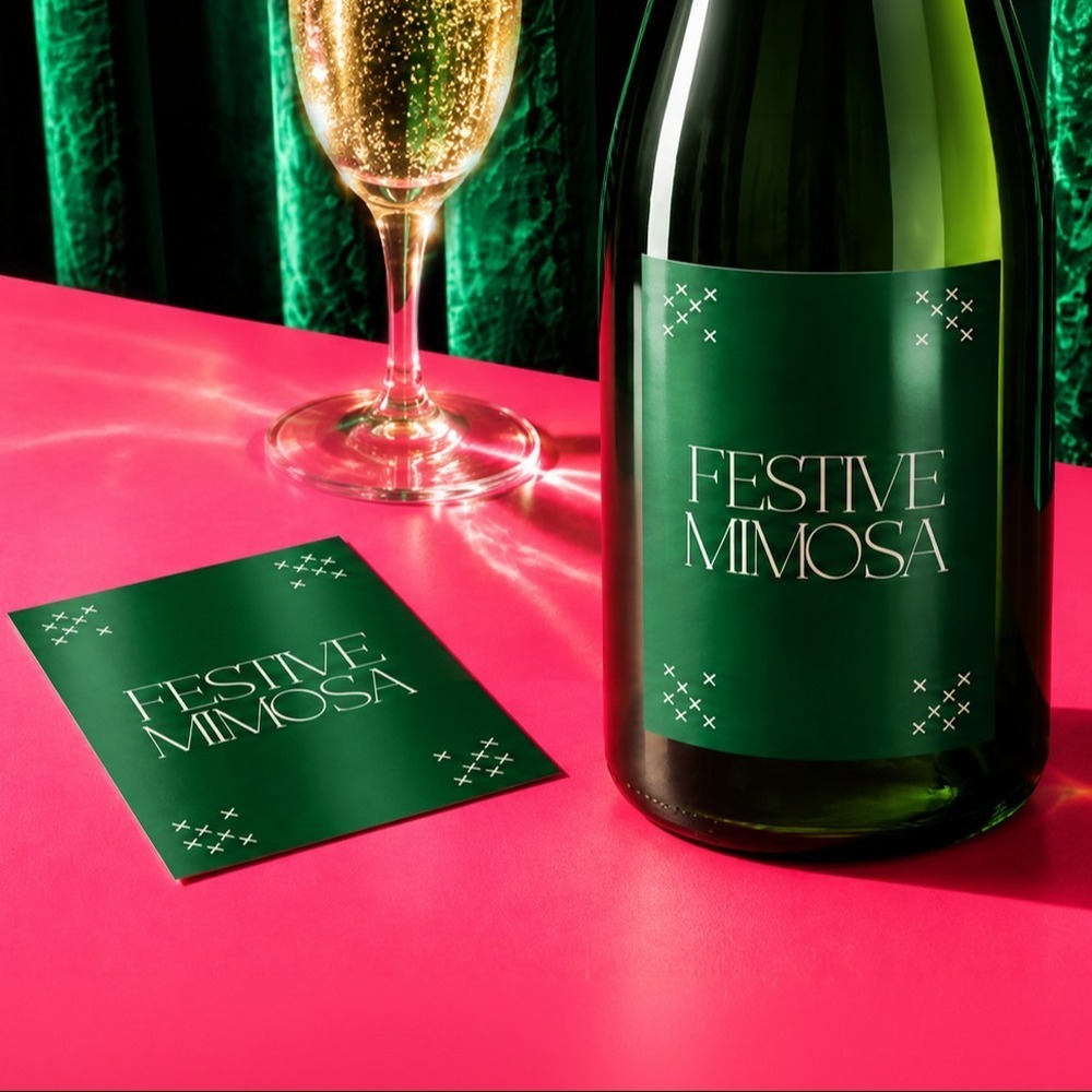 Custom printed Christmas Bottle Labels that read 'festive mimosa'. 