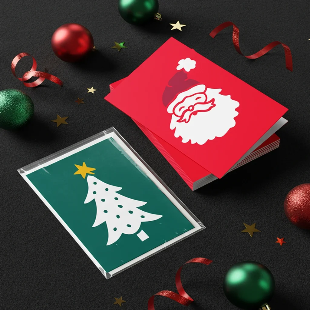 Two Christmas Cards - one with a Christmas Tree, the other with Father Christmas. 