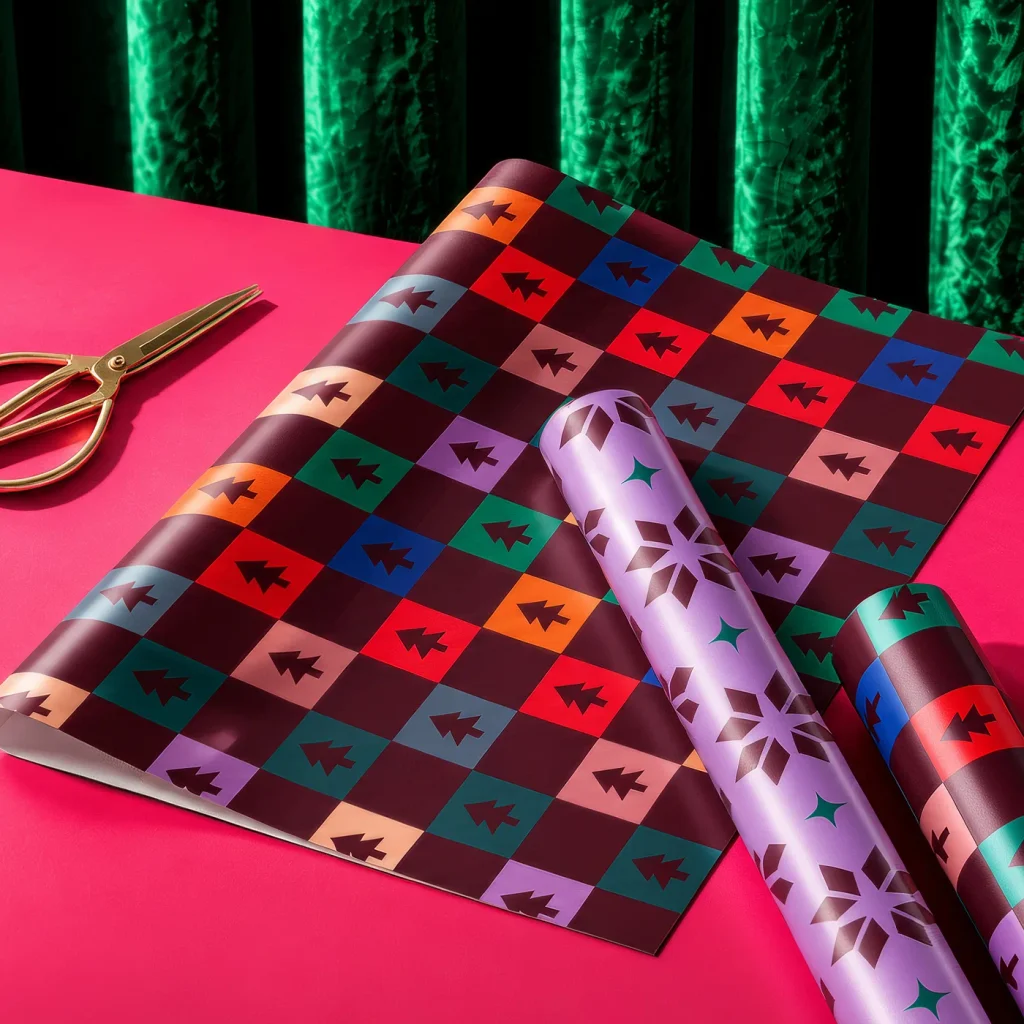 A roll and sheet of printed Wrapping Paper. 
