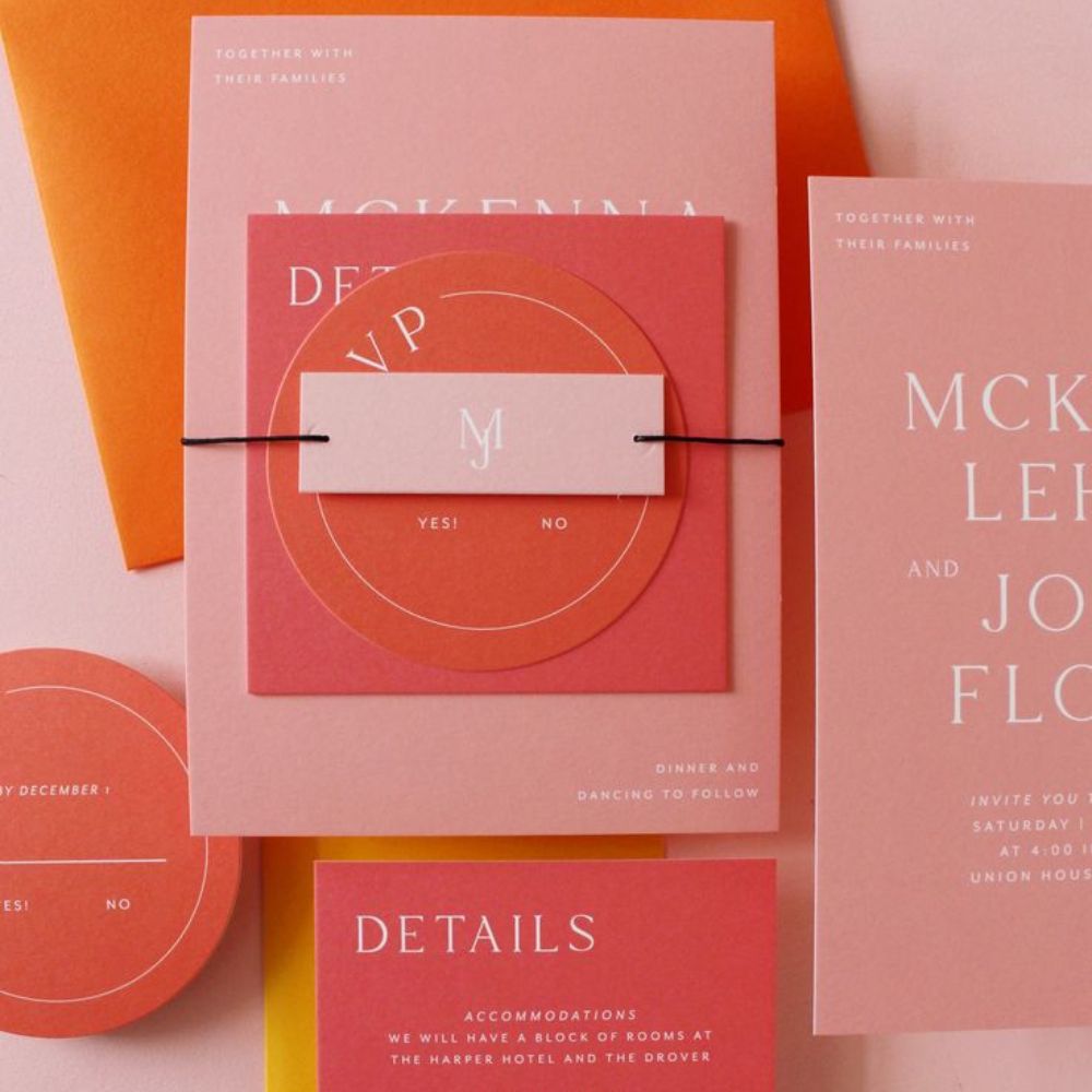 A "one-hue" wedding suite, all in various shades of pink.