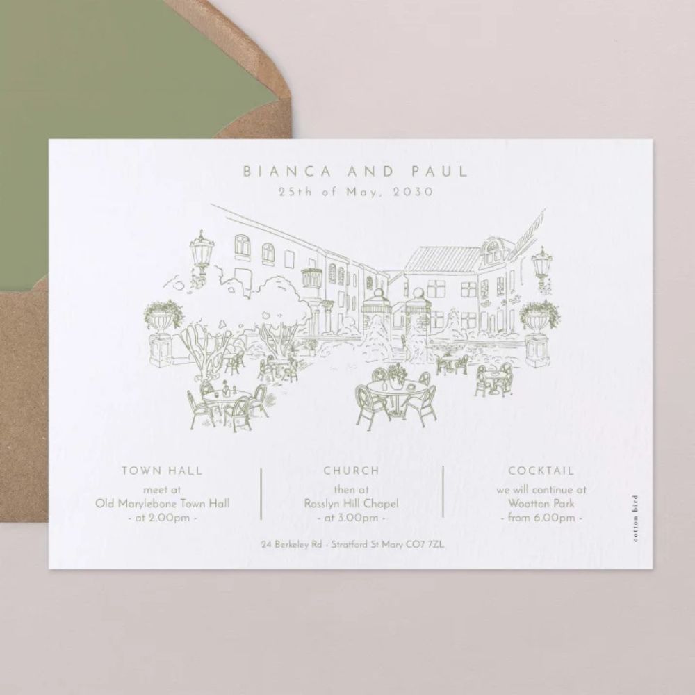 A custom illustrated Wedding Invitation for Bianca and Paul, featuring a drawing of their venue.