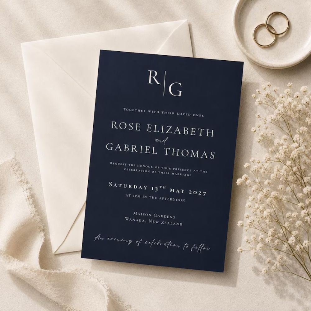 A dark navy Wedding Invitation with white ink lettering.