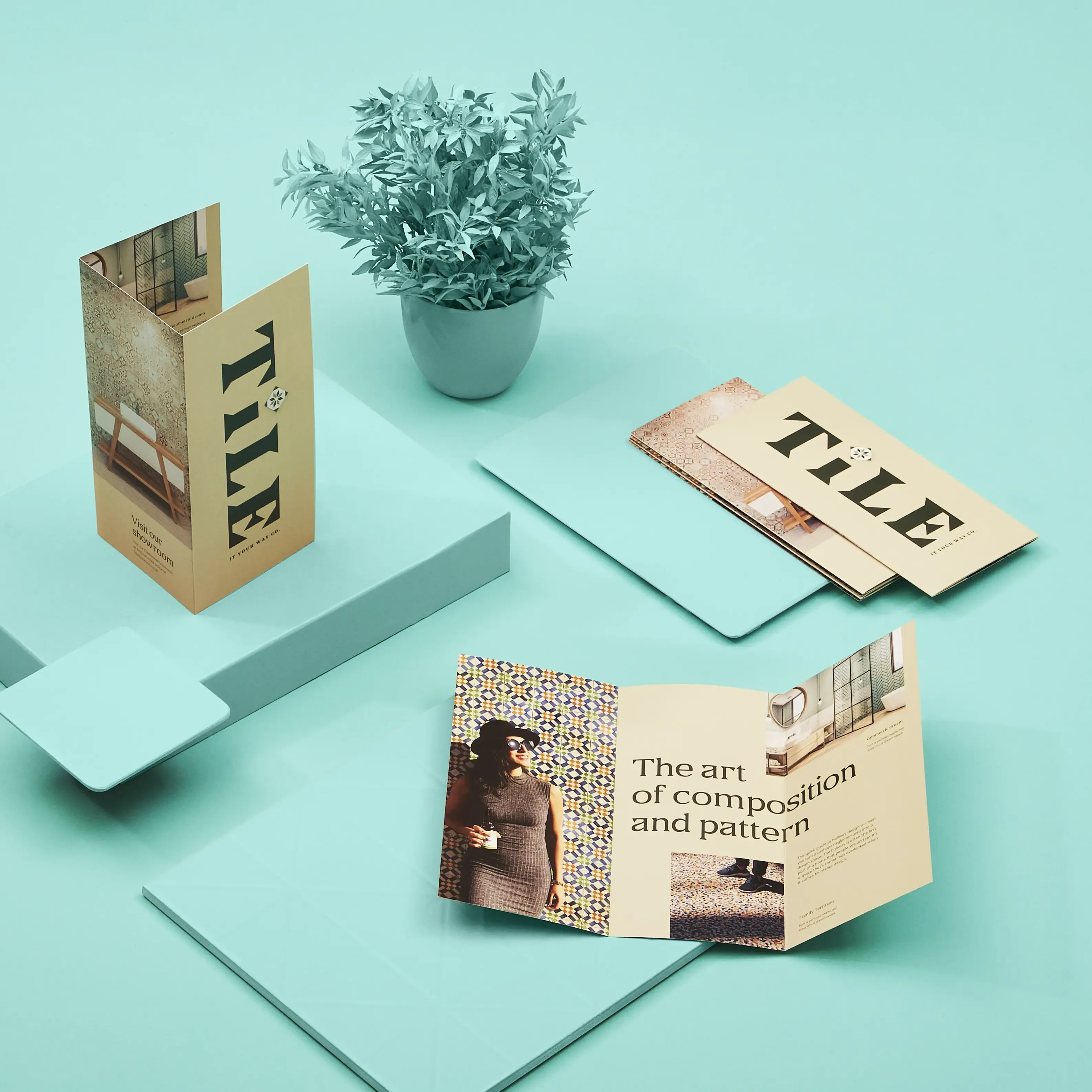 Folded leaflets in a tri-fold style on a blue background