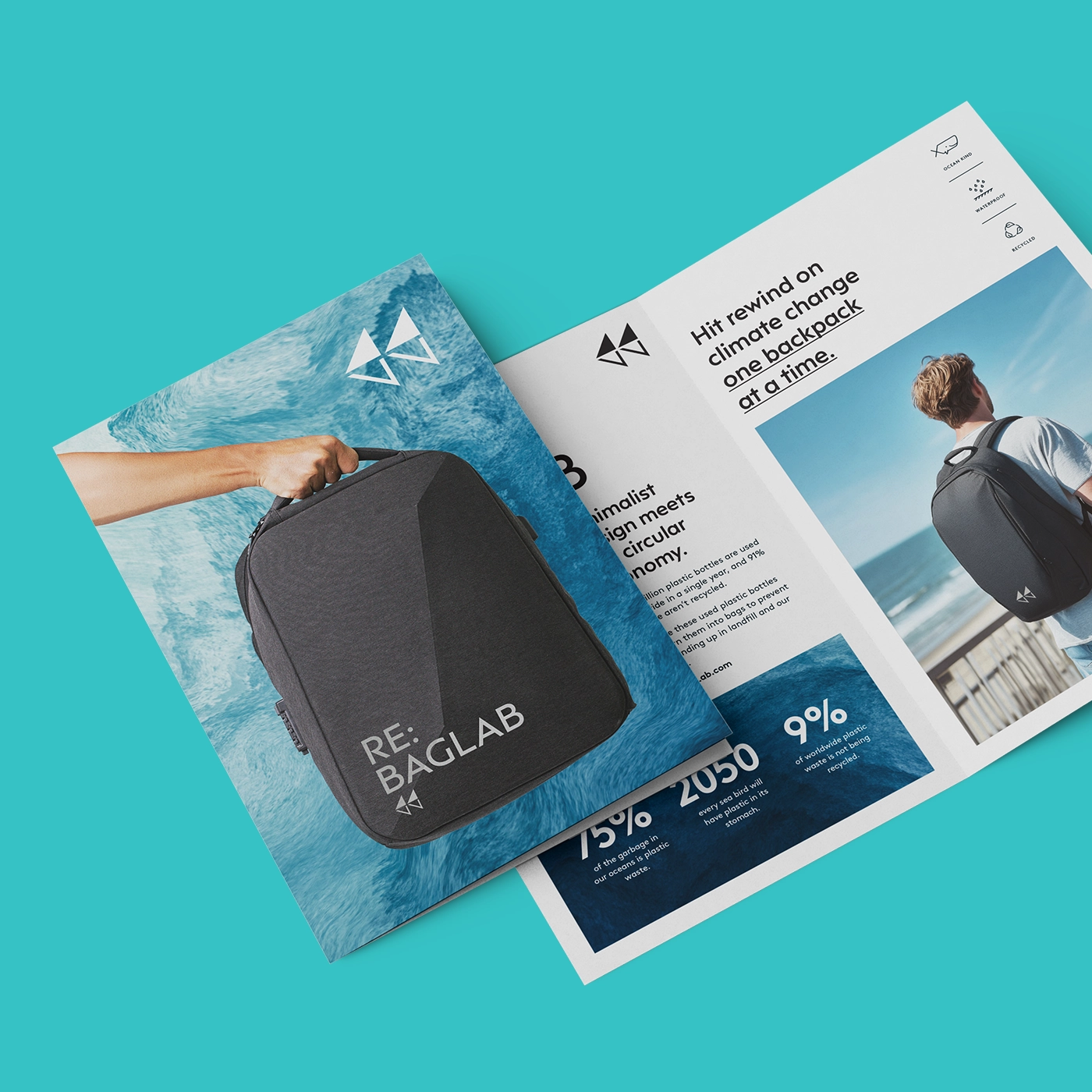 Half-fold leaflets with simple design elements on a blue background
