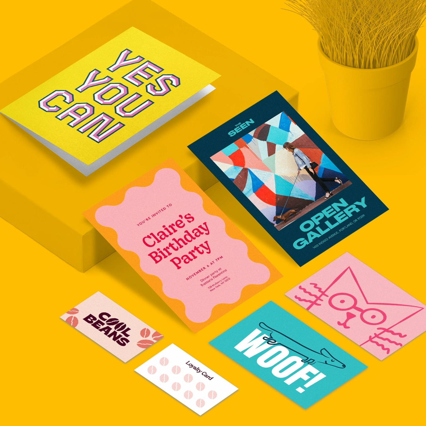 Various greeting cards, invitations, postcards and loyalty cards with bold colorful designs on a bright yellow background with a plant pot.