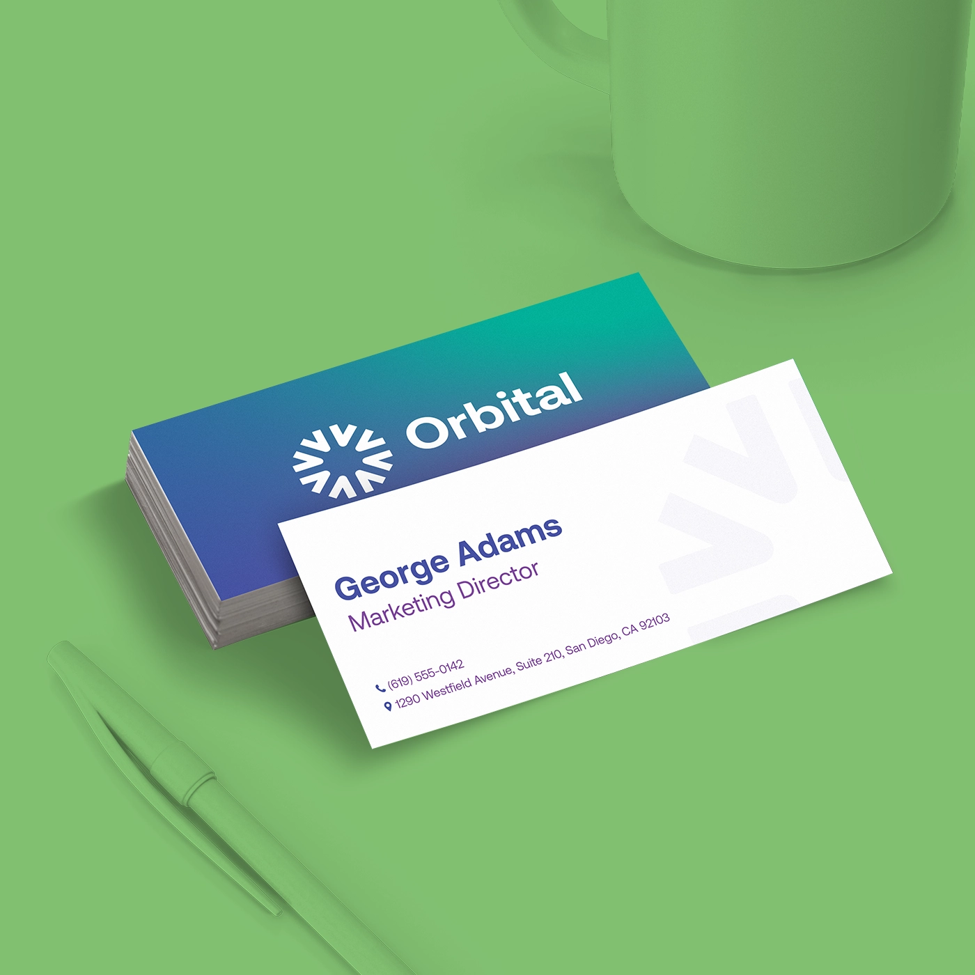 Stack of mini business cards with a modern corporate design featuring a logo, on a bright green background.