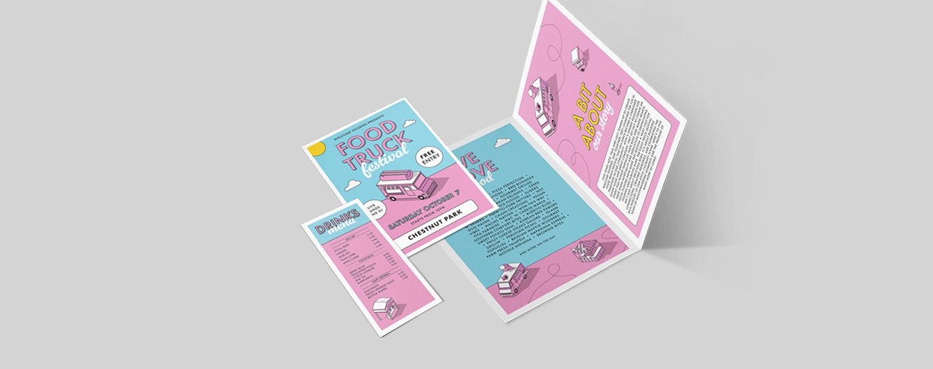 Various sizes of flyer and brochure with a bright pink and blue design for a food truck festival, arranged on a plain background.