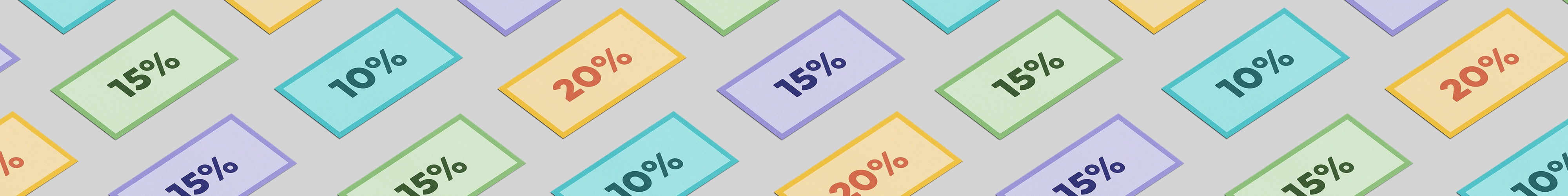Discount flyers in green, blue, purple, and yellow designs in a repeat pattern across a plain background.