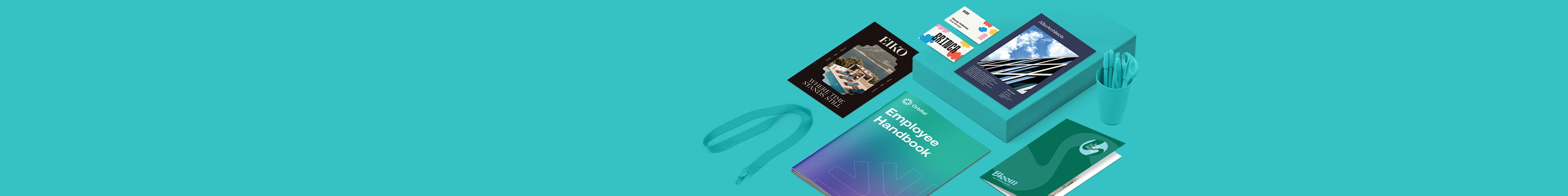 A selection of print products with business branding designs in colorful designs on a blue background, featuring a pencil pot and a lanyard.