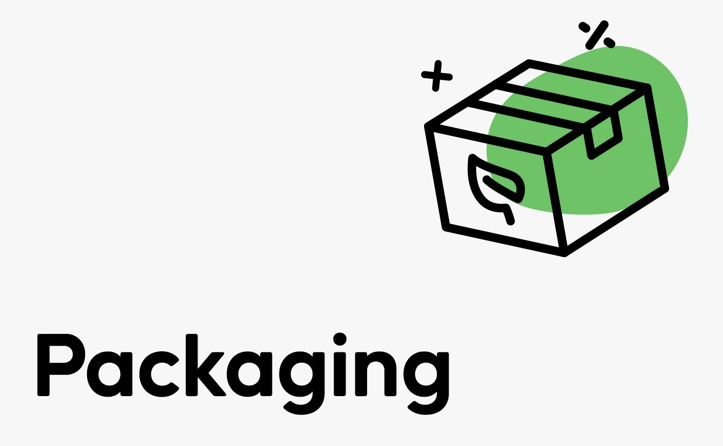 Black text reading 'packaging' with a green and black icon showing a packaging box and a leaf in the centre.