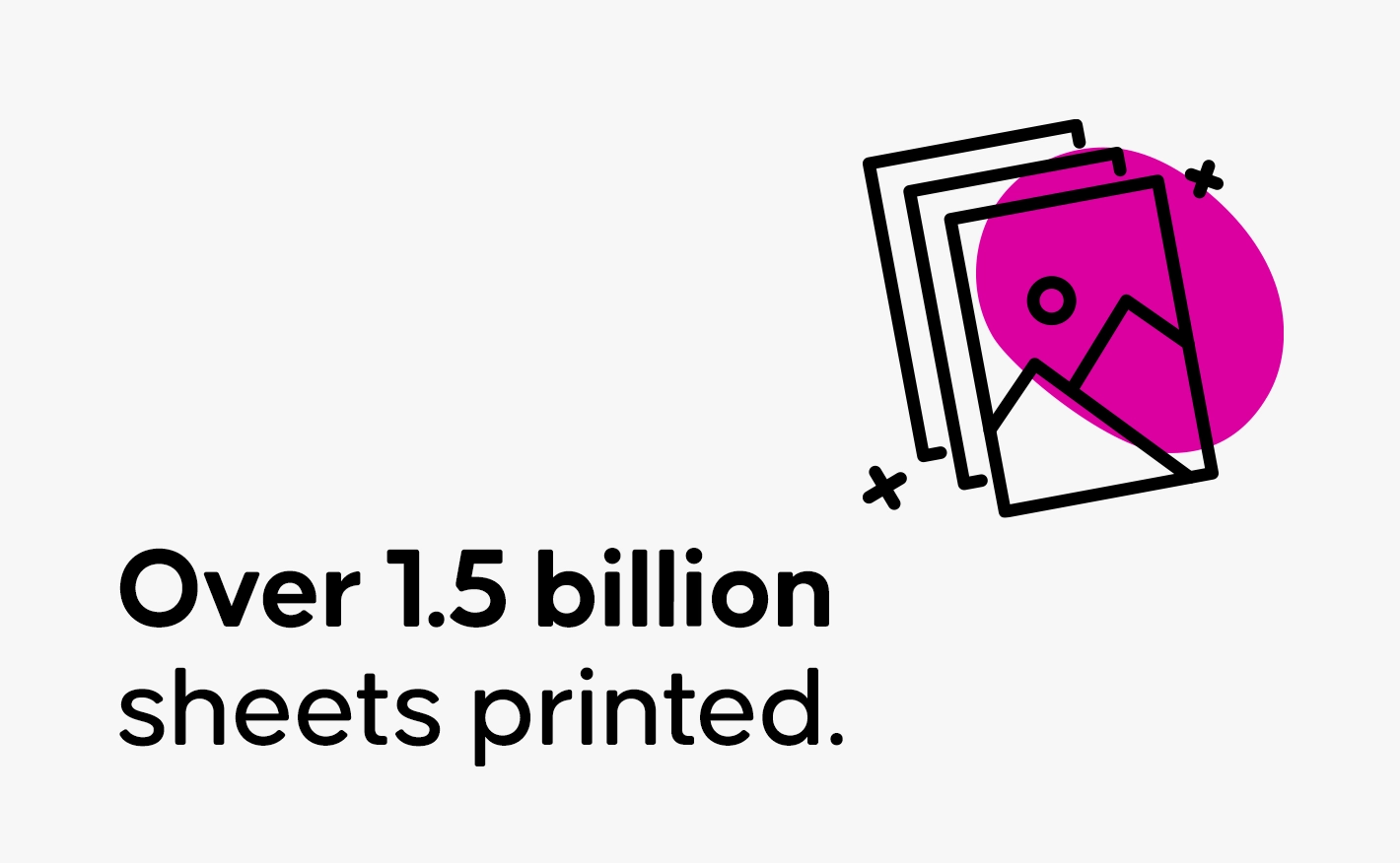 Black text reading 'over 1.5 billion sheets printed' with a pink icon showing three images stacked on top of eachother.