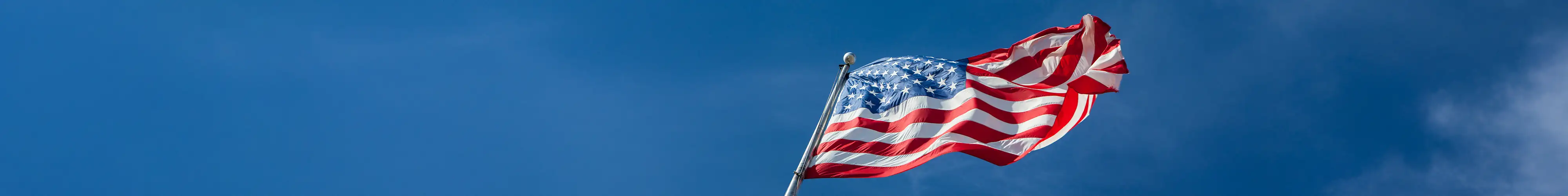 U.S. flag on a pole with a sky background.