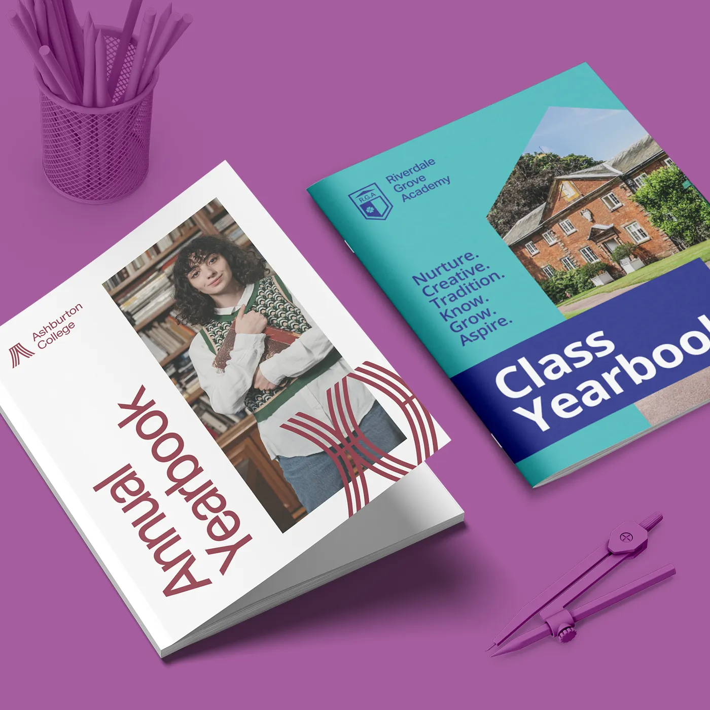 Gemini said Against a purple background, an open "Annual Yearbook" for Ashburton College lies next to a closed "Class Yearbook" for Riverdale Grove Academy, accompanied by a purple pencil cup and a geometry compass.