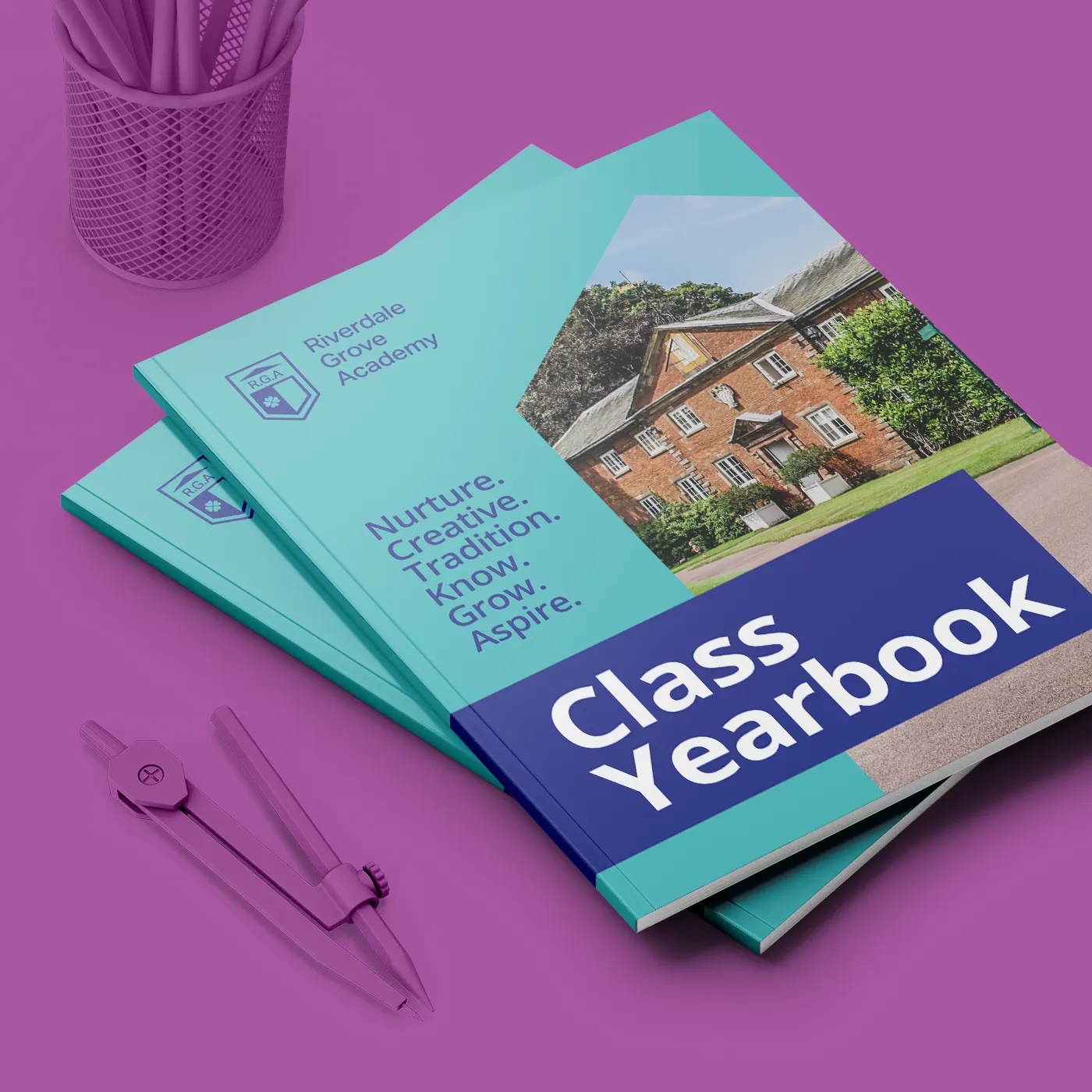 Two copies of the "Class Yearbook" for "Riverdale Grove Academy" are stacked on a vibrant purple surface, accompanied by a purple pencil cup and a geometry compass.