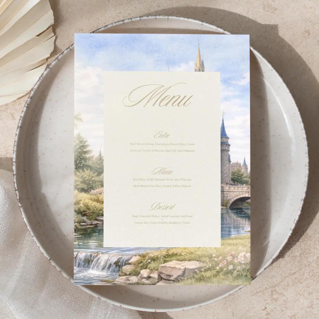 Gemini said A vertical menu card rests on a white speckled plate, featuring a picturesque background illustration of a fairy-tale castle by a river and waterfall. The menu text is printed on a central white rectangular overlay with elegant gold script for headings like "Menu," "Entre," "Main," and "Dessert."