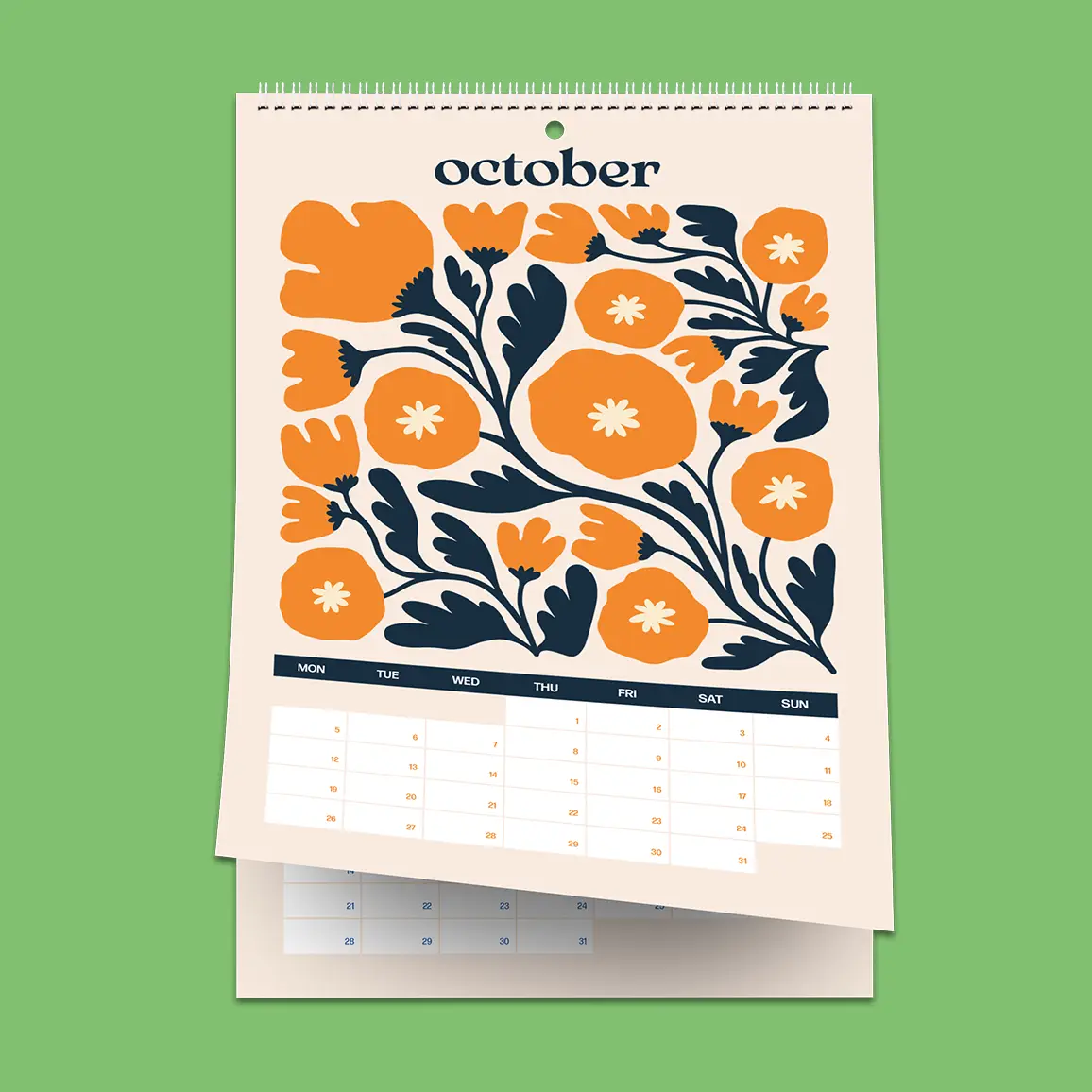 Gemini said A spiral-bound wall calendar for the month of October is displayed against a solid green background. The page features a large, stylized floral illustration in vibrant orange and navy blue, with a clean calendar grid at the bottom showing the days of the week starting from Monday.