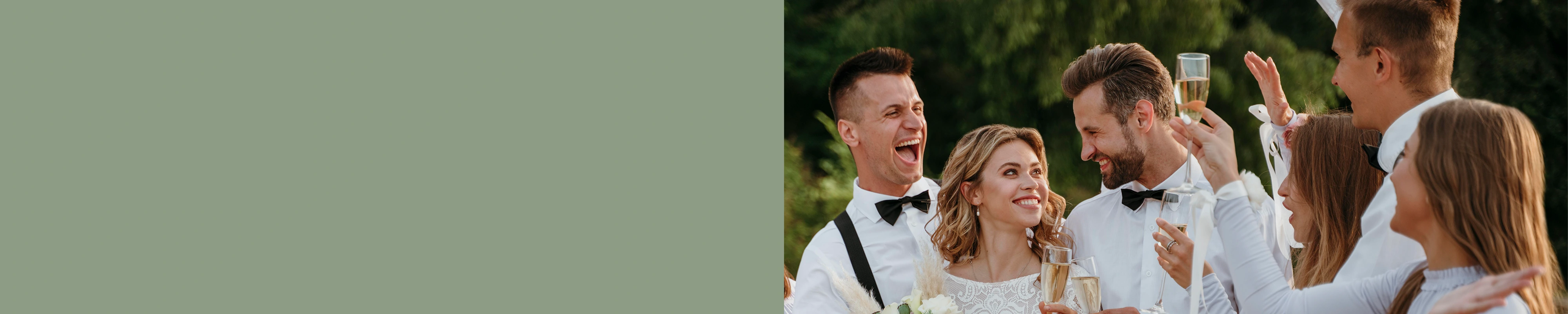 A happy bride and groom toast with their wedding party during an outdoor summer reception. The image includes a large sage green color block on the left for text overlay.