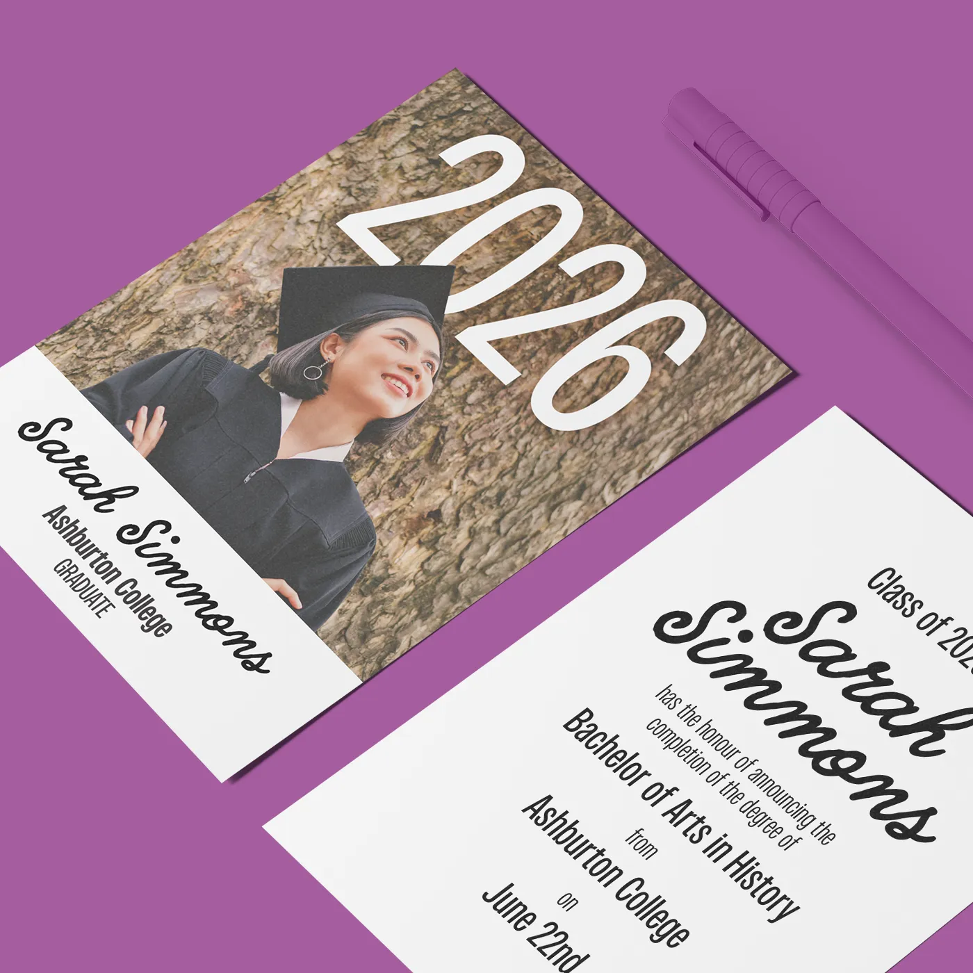 Gemini said An image featuring two graduation announcement cards for Sarah Simmons, Class of 2026 at Ashburton College, placed on a purple surface next to a matching purple pen.