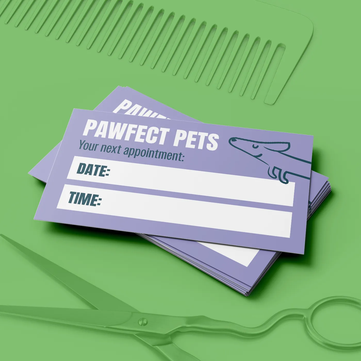 Gemini said A stack of light purple pet grooming appointment cards for "Pawfect Pets" rests on a lime green surface, accompanied by a matching green comb and a pair of scissors. Each card features a simple line drawing of a dog and blank spaces to write in the date and time of a next appointment.