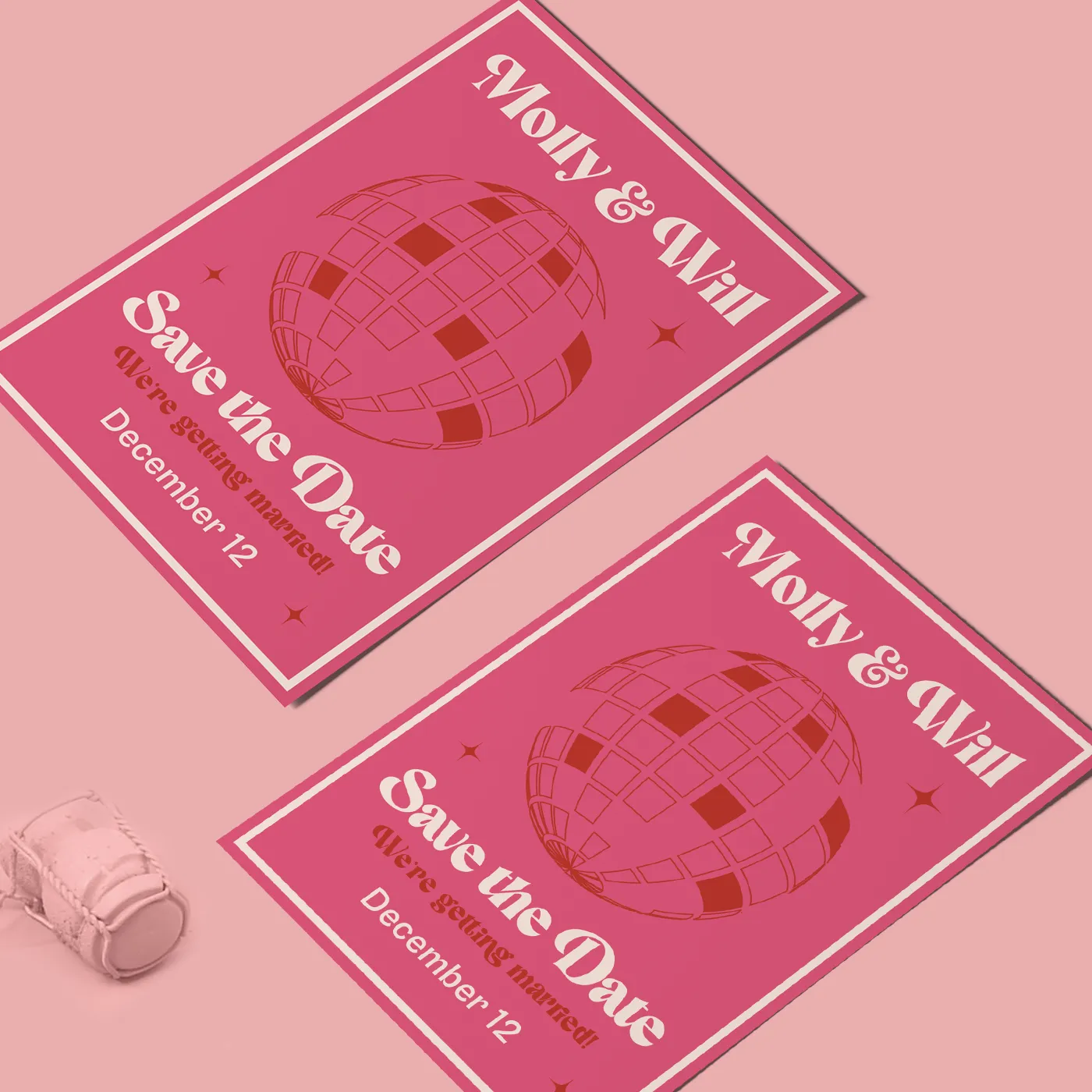 Two rectangular "Save the Date" cards for Ava and Lois are displayed on a light pink surface; one card features a vertical photo of the couple smiling together, while the other shows a close-up of their hands held together, both with the date "10.10.26" printed in white.