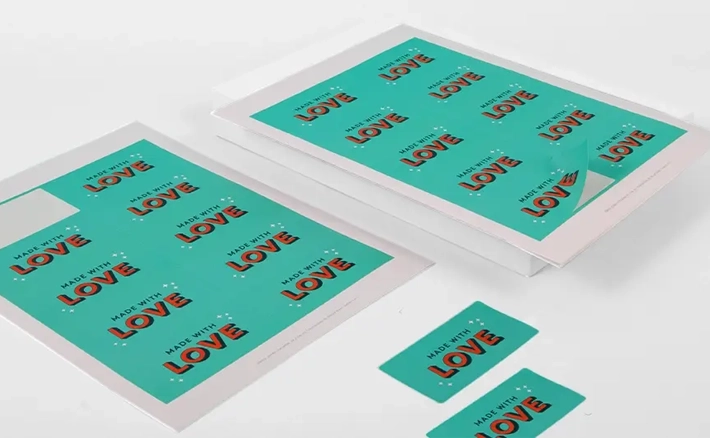 Multiple sheets of teal rectangular stickers are displayed, each containing a repeating grid of labels that read "MADE WITH LOVE" in orange and black text.
