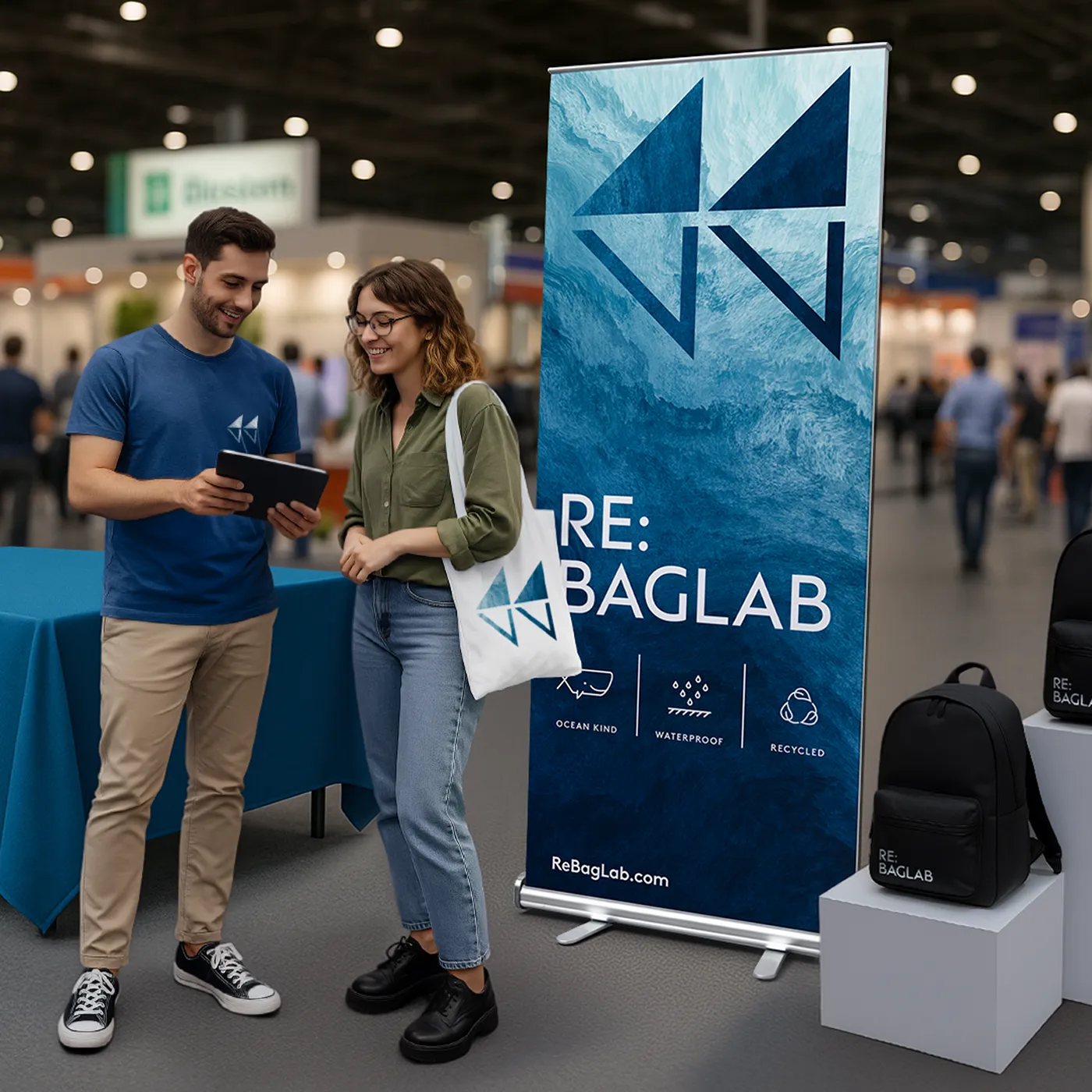 A lifestyle photo of a man and a woman at a trade show standing next to a "RE: BAGLAB" retractable banner. The banner has a deep blue, water-textured background with white text and icons for "OCEAN KIND," "WATERPROOF," and "RECYCLED." The man is holding a tablet, and both are smiling, with several black backpacks displayed on plinths nearby.