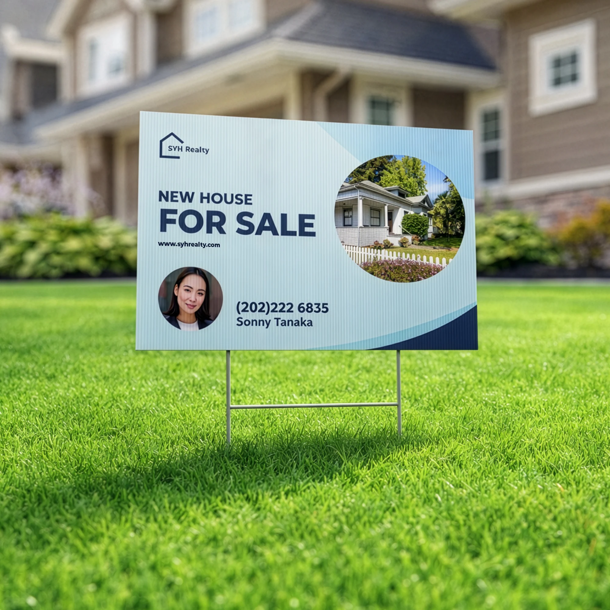 A professional real estate "FOR SALE" yard sign for SYH Realty, featuring a light blue and navy wave design. The sign includes a circular photo of the house being sold, a headshot of agent Sonny Tanaka, and their contact number (202) 222-6835. The sign is planted in the center of a lush green lawn in front of a blurred suburban home.