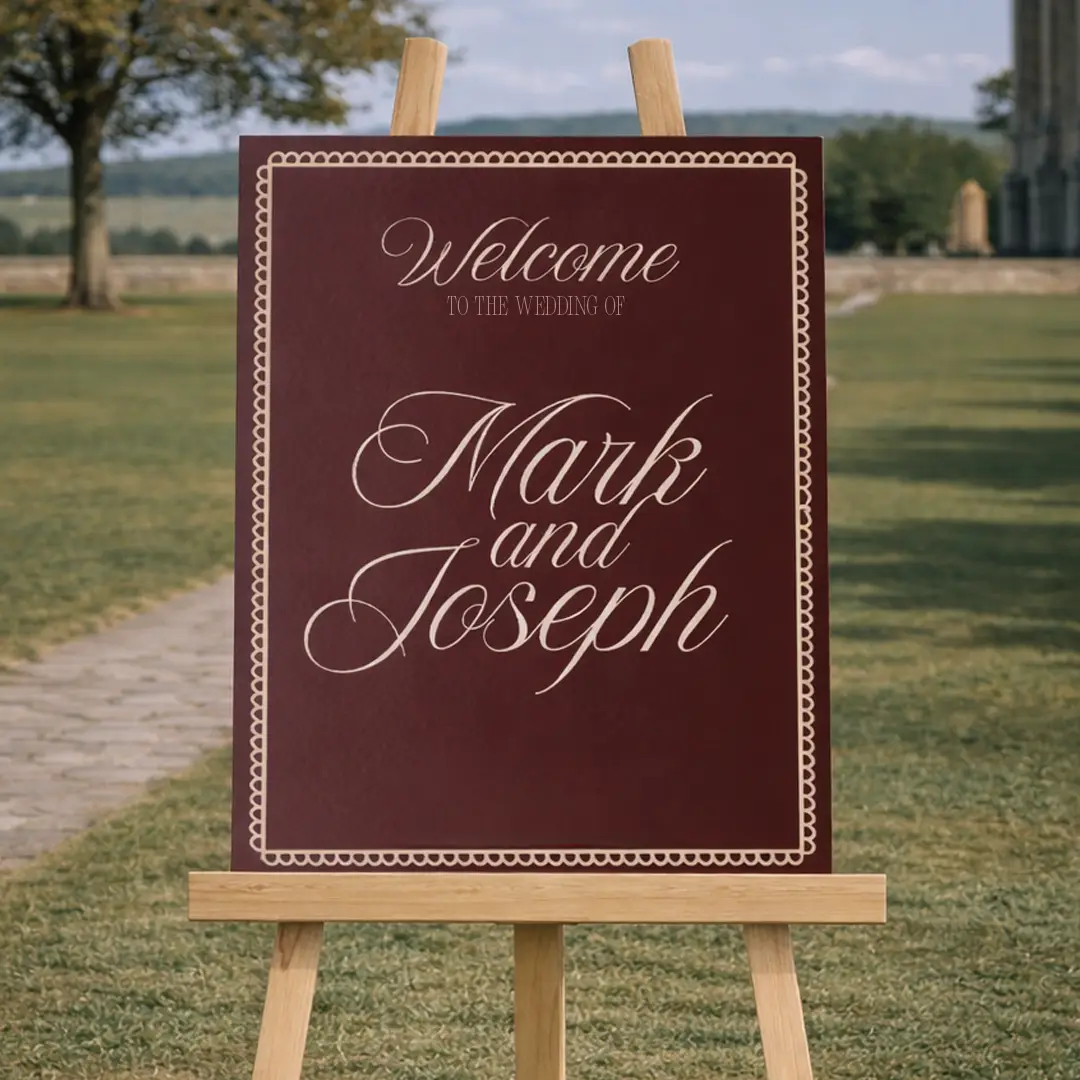 A classic, burgundy-colored wedding welcome sign for "Mark and Joseph" displayed on a wooden easel outdoors. The sign features elegant cream-colored cursive lettering and a decorative scalloped border. The background shows a sunny outdoor venue with a green lawn, a stone walkway, and a large building in the distance.