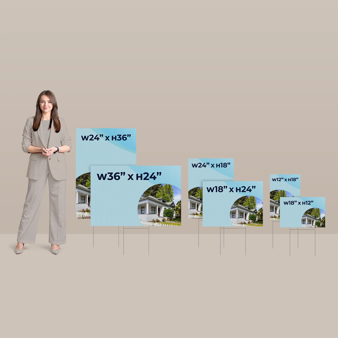 A woman stands next to a lineup of six real estate yard signs of decreasing dimensions, providing a visual scale for sizes ranging from 24 by 36 inches down to 18 by 12 inches.