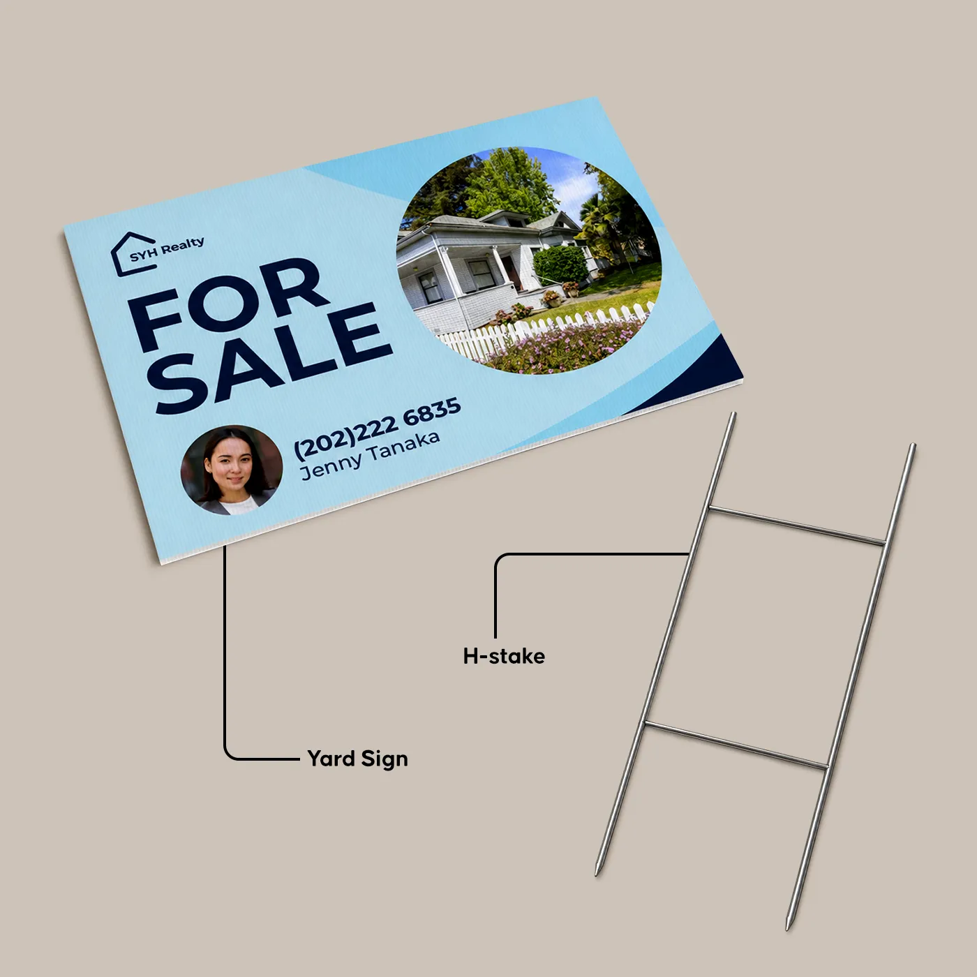 A "For Sale" real estate yard sign is displayed diagonally next to a metal H-stake, with lines pointing out and labeling both items.