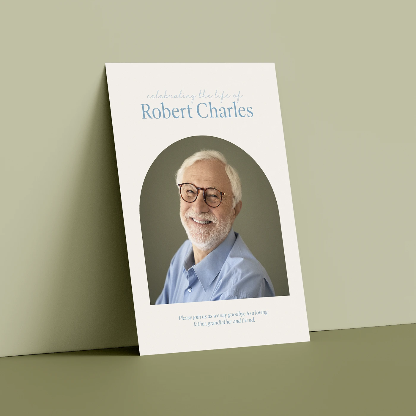 Cream-colored Funeral Photo Board featuring a portrait of an elderly man with text reading "celebrating the life of Robert Charles."