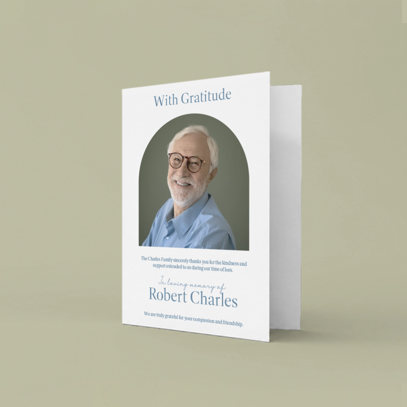 White half fold Funeral Thank You Card featuring a portrait of an elderly man with text.