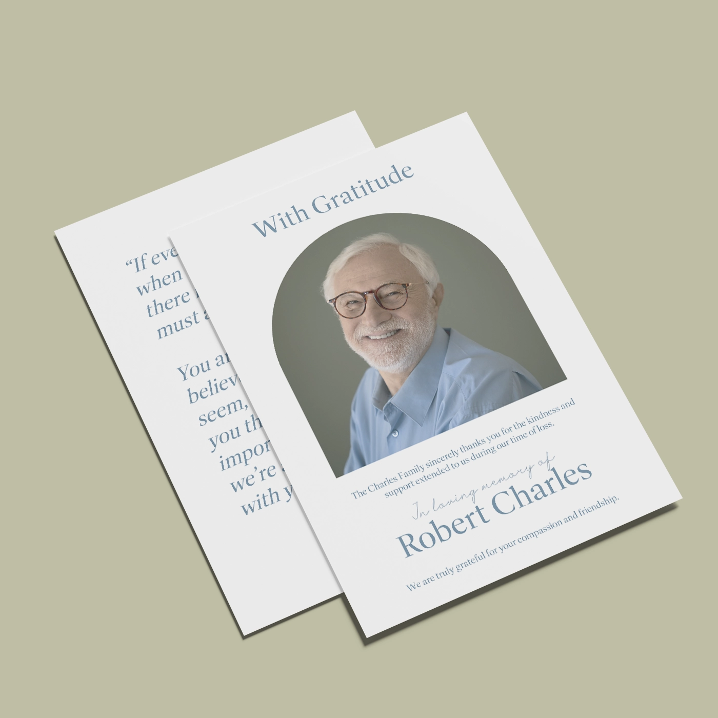 White flat Funeral Thank You Card featuring a portrait of an elderly man with text reading "With Gratitude" and "In loving memory of Robert Charles."