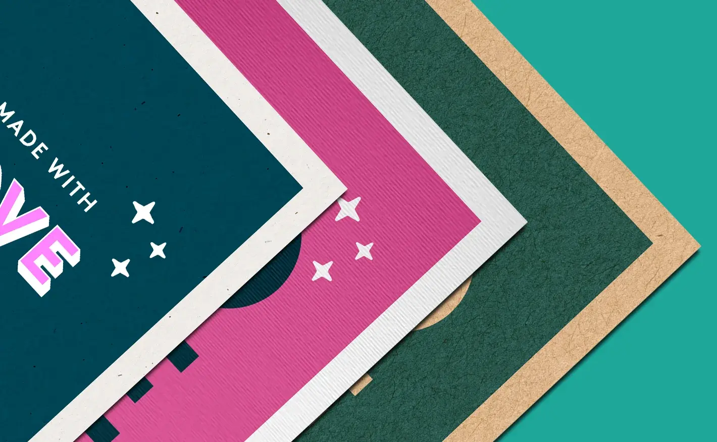A close-up of overlapping custom print samples demonstrating various luxury paper stocks, including speckled, ribbed linen, fibrous green, and brown kraft paper, arranged on a teal background.